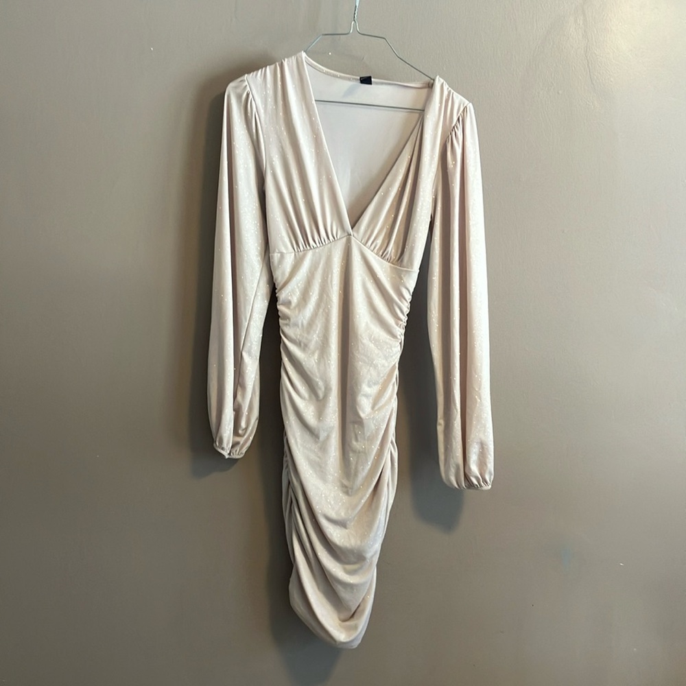 Windsor Cream Ruched Wrap Dress with Bishop Sleeves
